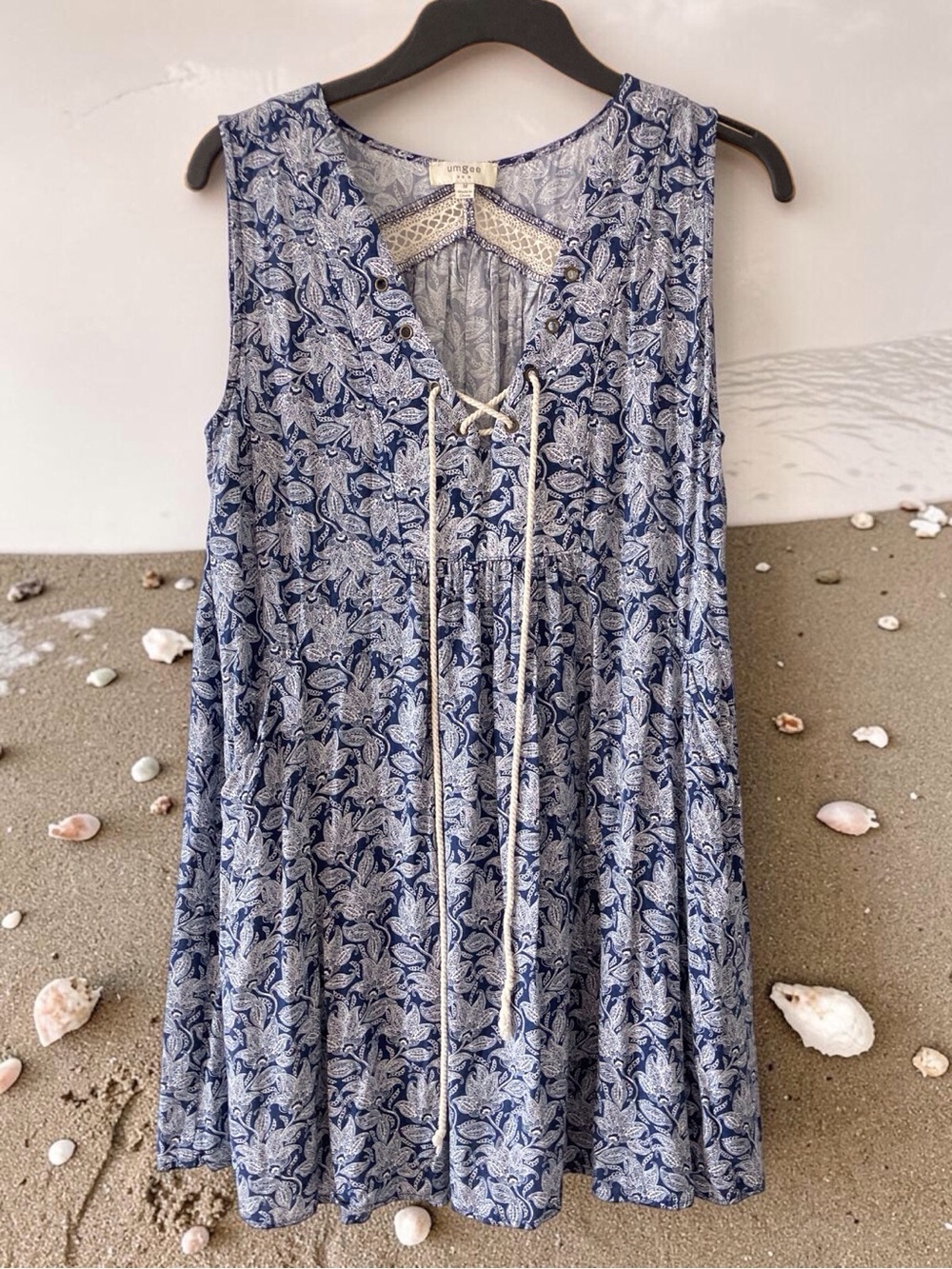 UMGEE USA | Blue Paisley Boho Lace-Up Tunic Dress